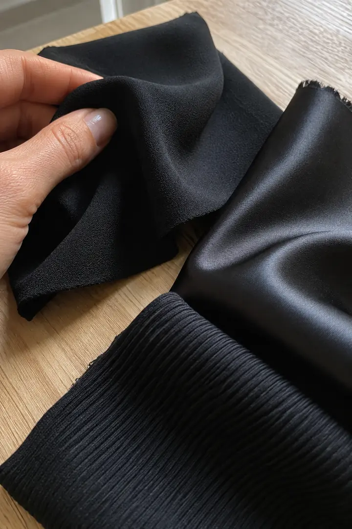 Macro photo of black crepe, satin and ribbed jersey swatches on a wooden table