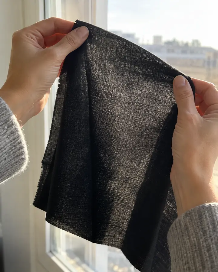Hands holding a black fabric swatch up against a bright window