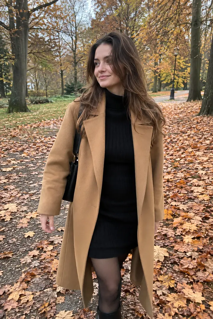 Woman in a black knit dress and camel coat walking on a park path covered in autumn leaves