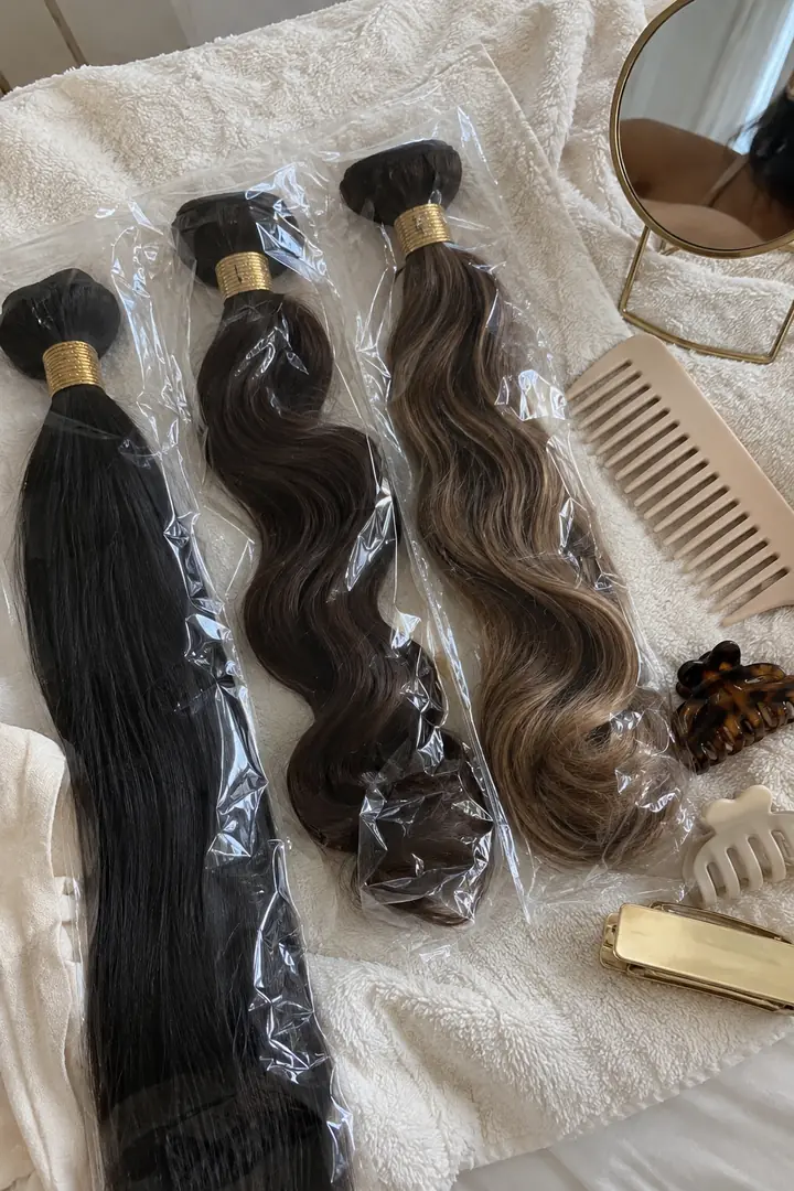 Packaged hair extension bundles, a wide-tooth comb and clips on a cream towel
