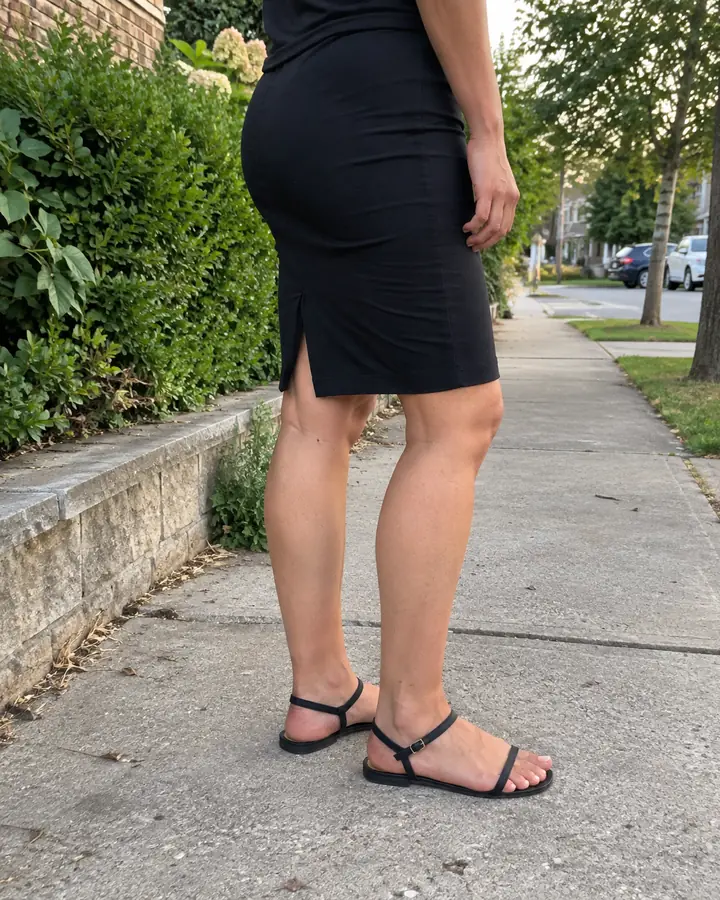 Woman from the waist down in a fitted black knee-length dress and flat black sandals on a sidewalk