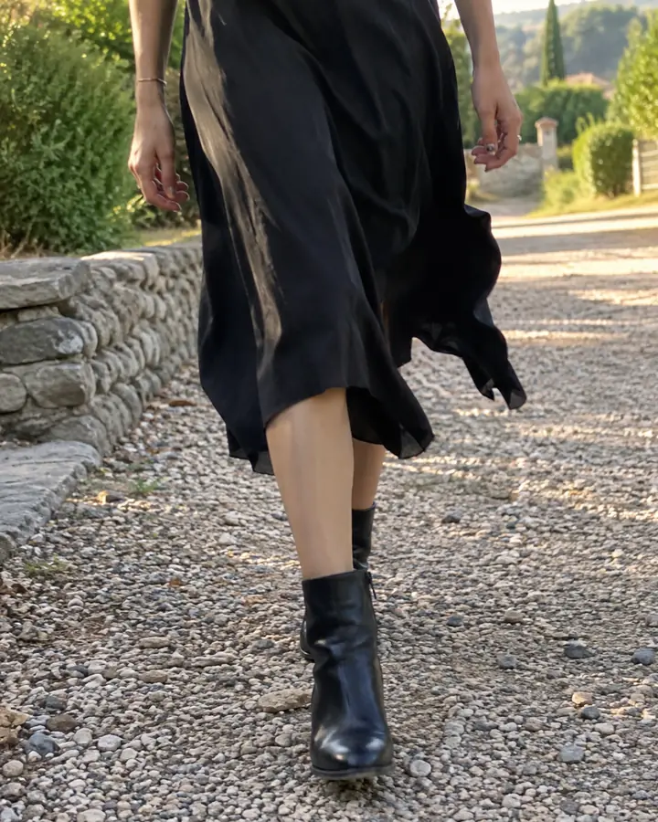 Woman walking on a gravel path in a long black midi dress and ankle boots