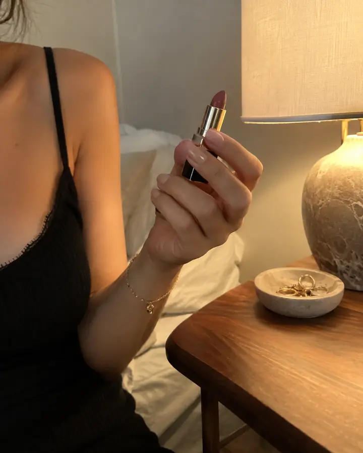 Hand holding a lipstick beside a table lamp, with a black top at the edge of the frame